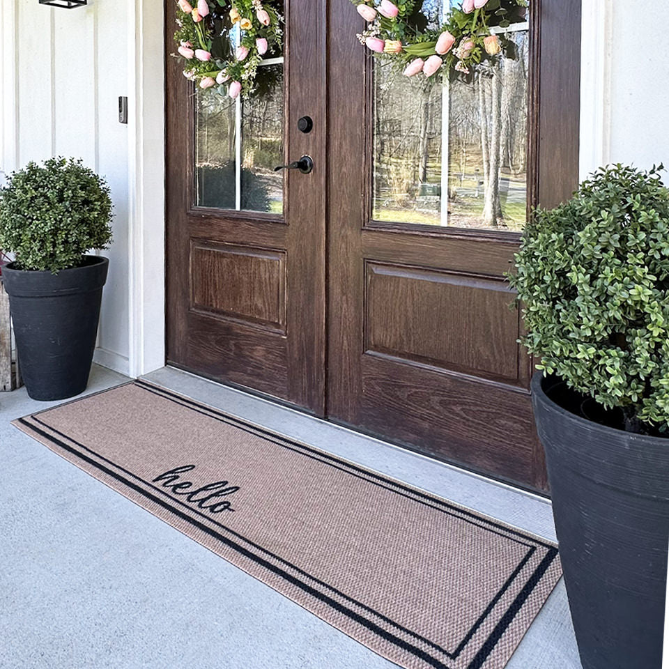Nieghburly's Around The Block personalized with hello on a non-shedding, fully rubber backed mat.