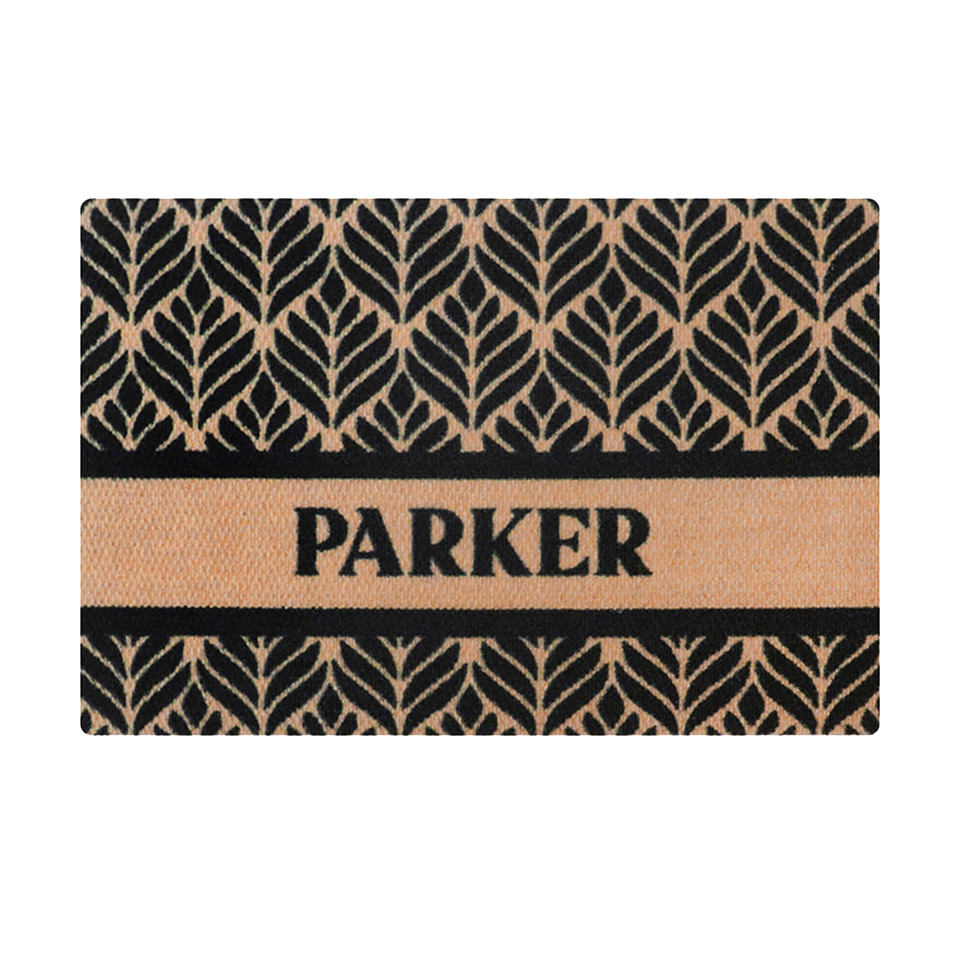 Single door size botanical doormat with coir and black floral print personalized with last name