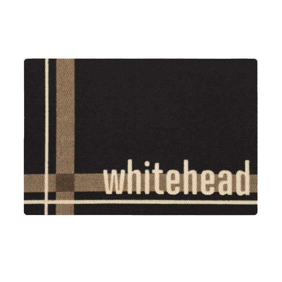 Neigburly decorative single-door entrance mat that is personalized with your last name and a cross-bar design on black