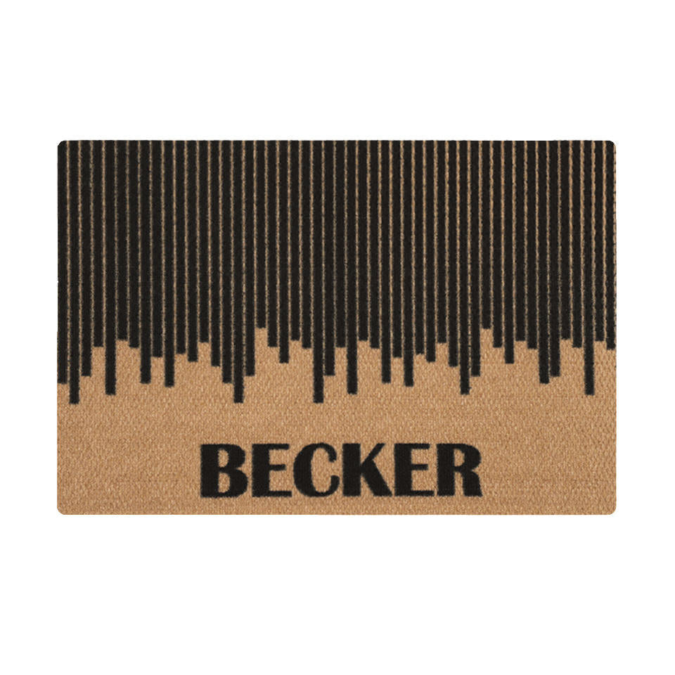 Overhead single door Fall in Line mat personalized name in black at the bottom with vertical lines staggered above.
