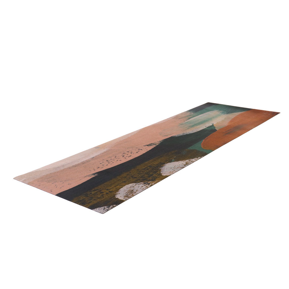Abstract Painting printed on low profile runner sized floor mat in Rust, mustard, navy, teal, and muted pink.
