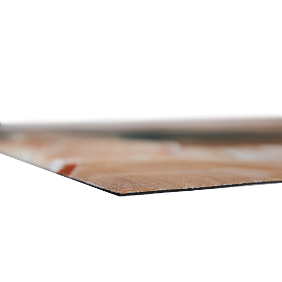 Low profile view of Abstract Painting printed on low profile washable floor mat in rust, cream colors, and dark teal