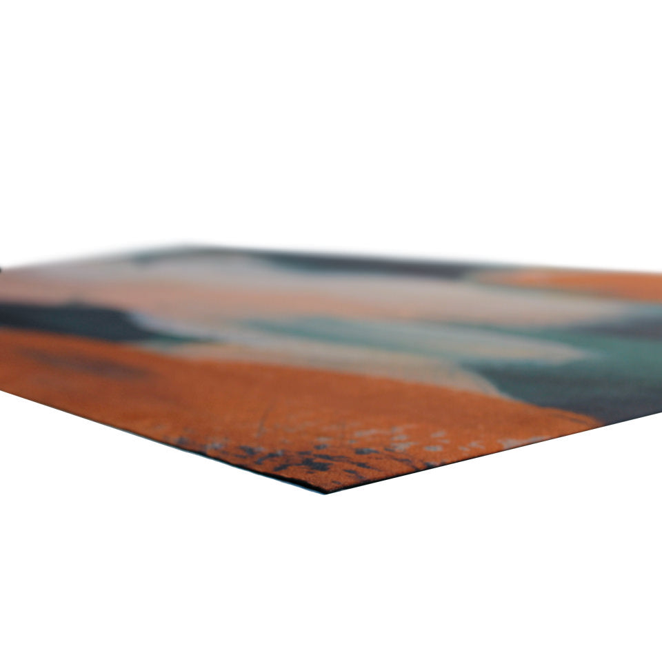 Corner close up shot of Abstract Painting printed on low profile floor mat in Rust, mustard, navy, teal, and muted pink.