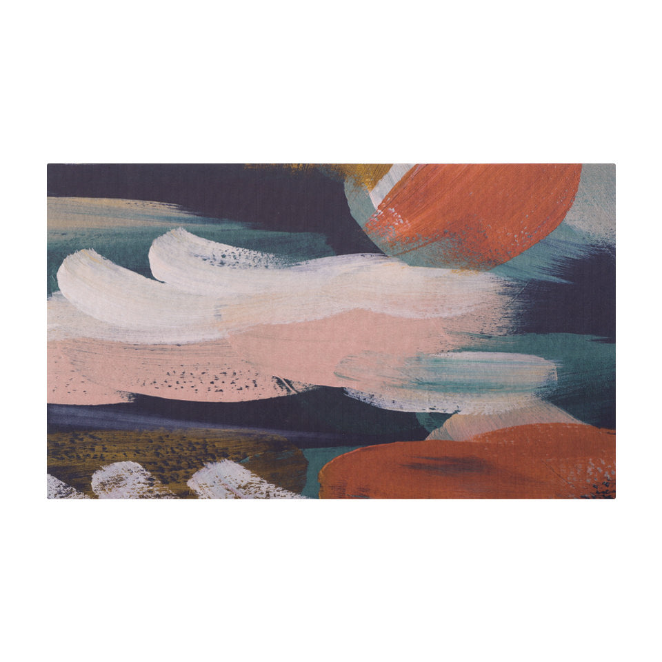 Abstract Painting printed on low profile floor mat in Rust, mustard, navy, teal, and muted pink.