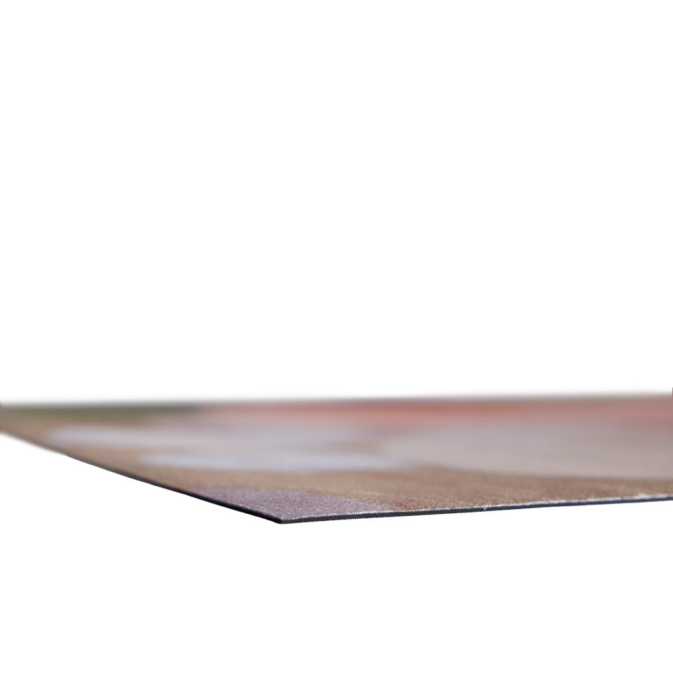 Low profile view of Abstract Painting printed on low profile floor mat in greens, pinks, and creams