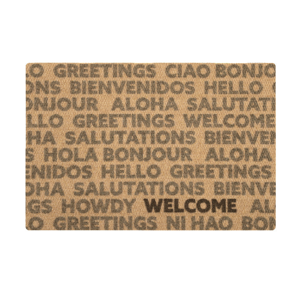 Single door overhead Global Greetings army colored text on coir repeating bilingual greetings with one black text hello