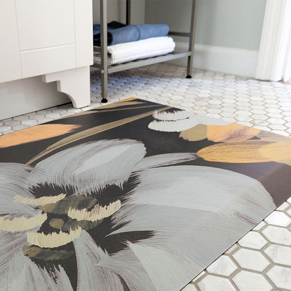 Incredibly comfortable Happy Feet mat with a HD beautiful surface made for standing comfort in the bathroom