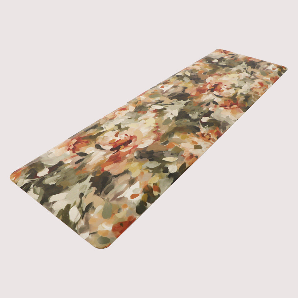 Angled image of Happy Feet Runner Vintage Bouquet's unique wipeable surface and sloped edges for easy transition