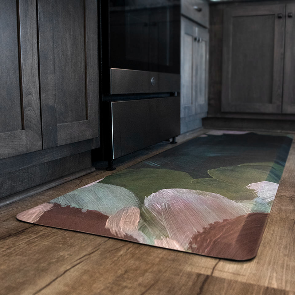 Happy Feet runner shown in Secret Garden design, brush strokes of deep blues and jades paired with bright greens and pinks