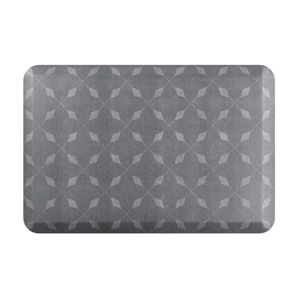 Happy Feet’s Crossing Paths anti-fatigue small mat with a repetitive, interlocking design on a grey background.