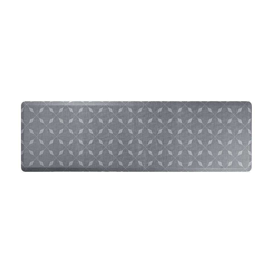 Happy Feet’s Crossing Paths anti-fatigue runner mat with a repetitive, interlocking design on a grey background.