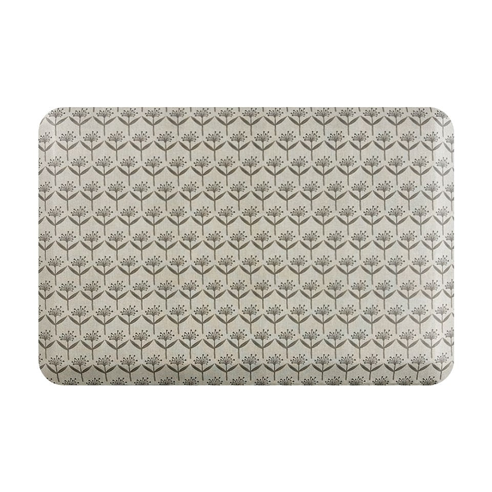 Happy Feet’s Dandelion Echo anti-fatigue small mat with a repetitive dandelion pattern on a beige background.
