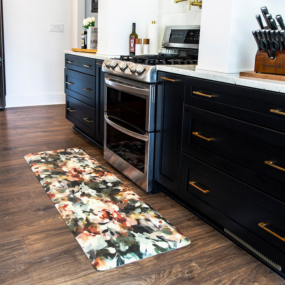 Colorful Happy Feet anti-fatigue runner mat featured in a kitchen providing standing comfort