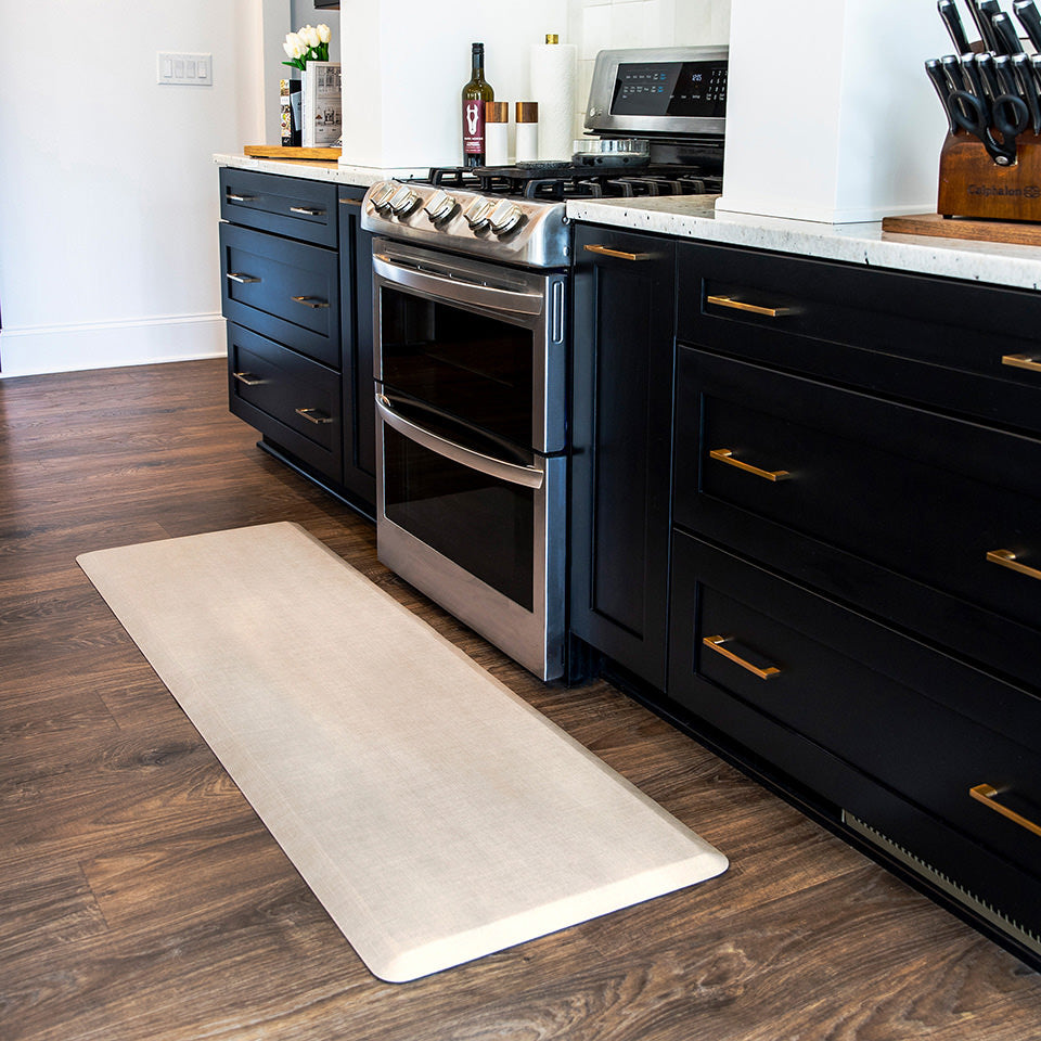 Extremely comfortable anti-fatigue runner mat in front of a stove her standing relief and tradition linen design for style