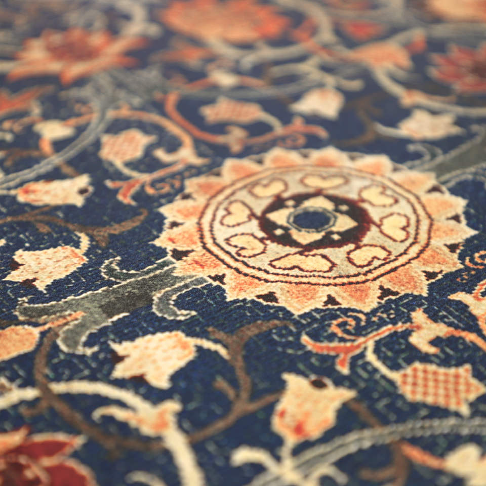 Detailed shot of Holland Park's high definition printed surface of ornate floral pattern on an easily cleaned, wipeable surface