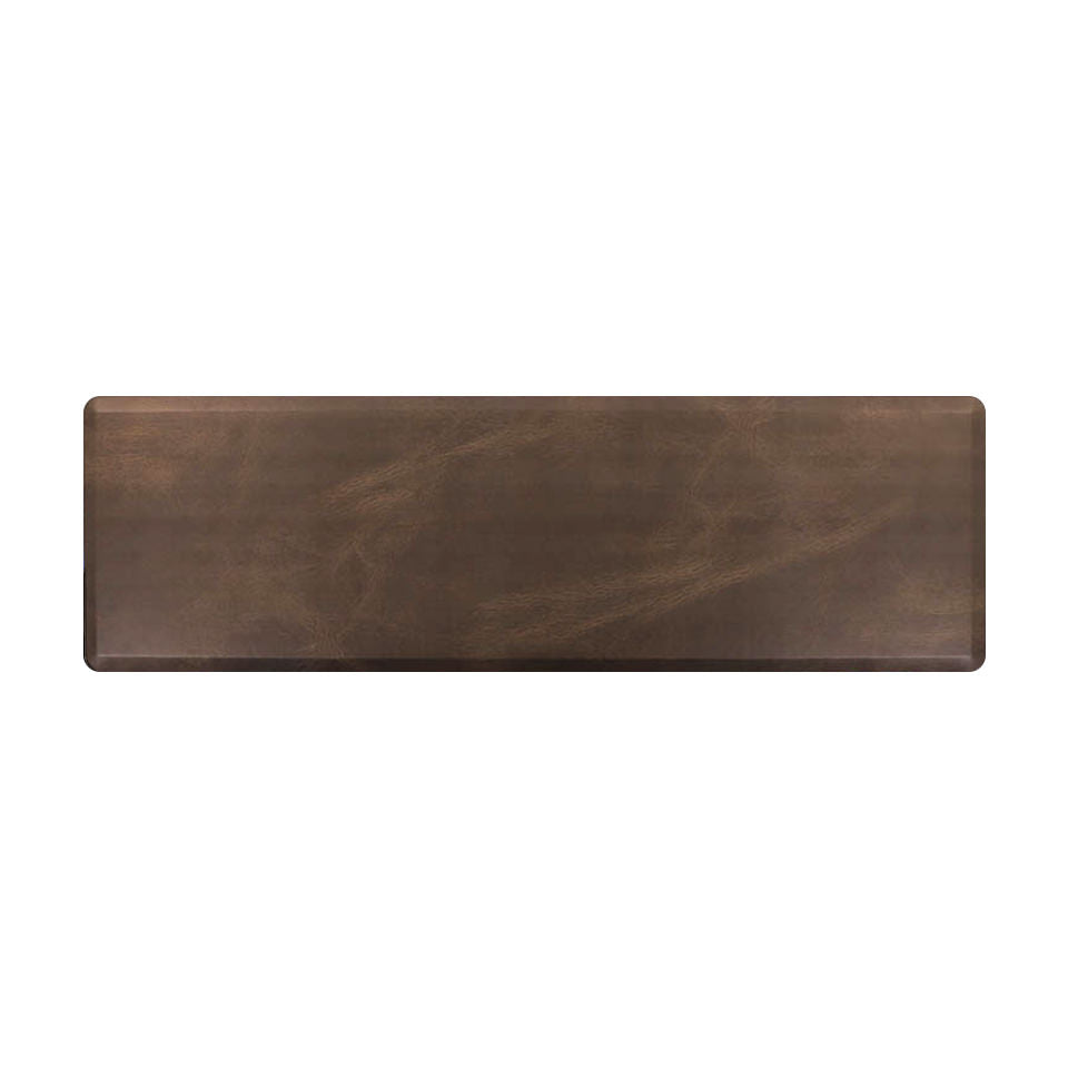 Traditional espresso leather design printed on the incredibly comfortable anti-fatigue Happy Feet runner mat.