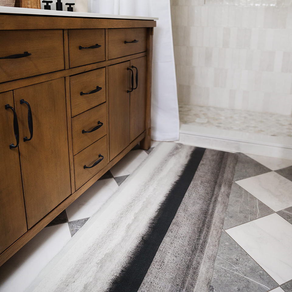 Dreamy Moody Hues anti-fatigue Happy Feet runner bath mat for standing comfort and floor protection.