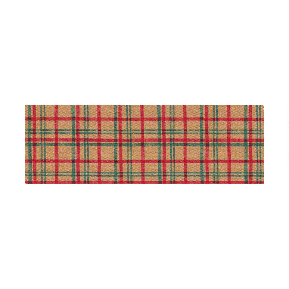 Rectangular double door mat with red, green, and beige plaid pattern on a white background