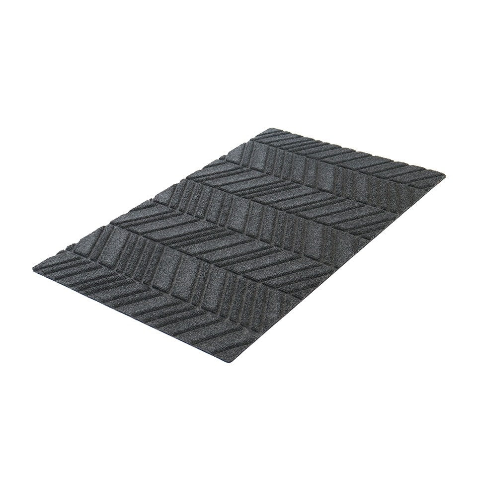 Angle top view of greige chevron pattern doormat