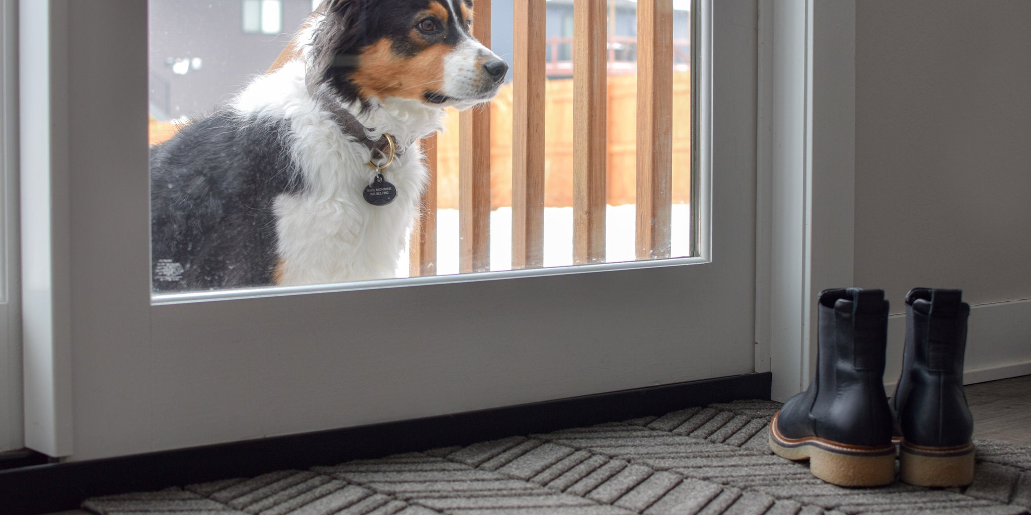 WaterHog Luxe Outdoor Doormat placed at the backdoor to help wipe the paws of a dog patiently waiting outside.