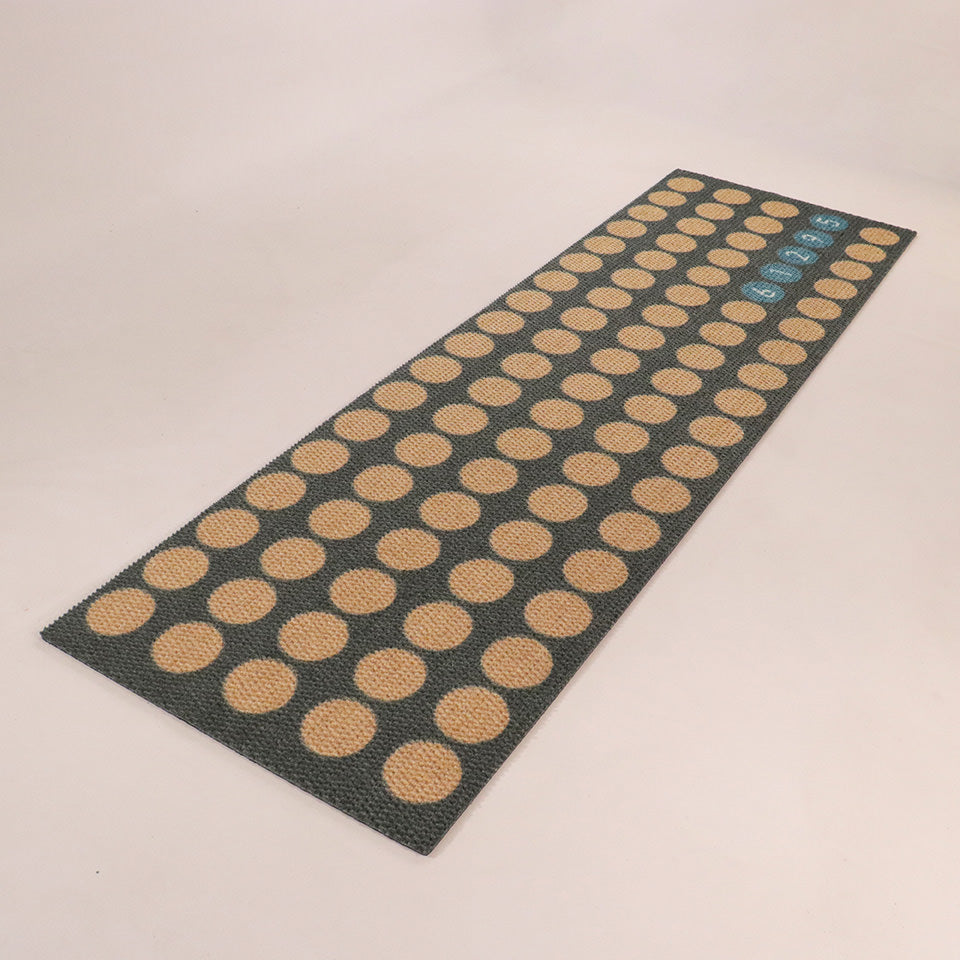 Angled image double door Lucky Numbers mat personalized with street numbers on aqua, grey, and coir.
