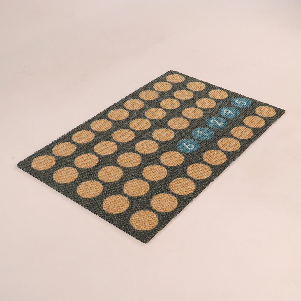 Angled image single door Lucky Numbers mat personalized with street numbers on aqua, grey, and coir.