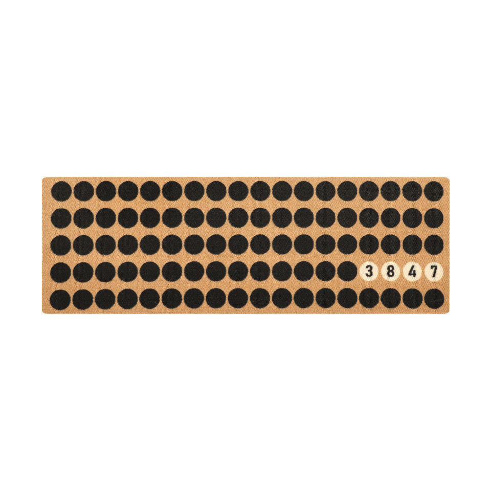 Double door Lucky Numbers mat personalized with street numbers in white circles with black circles in a linear pattern.