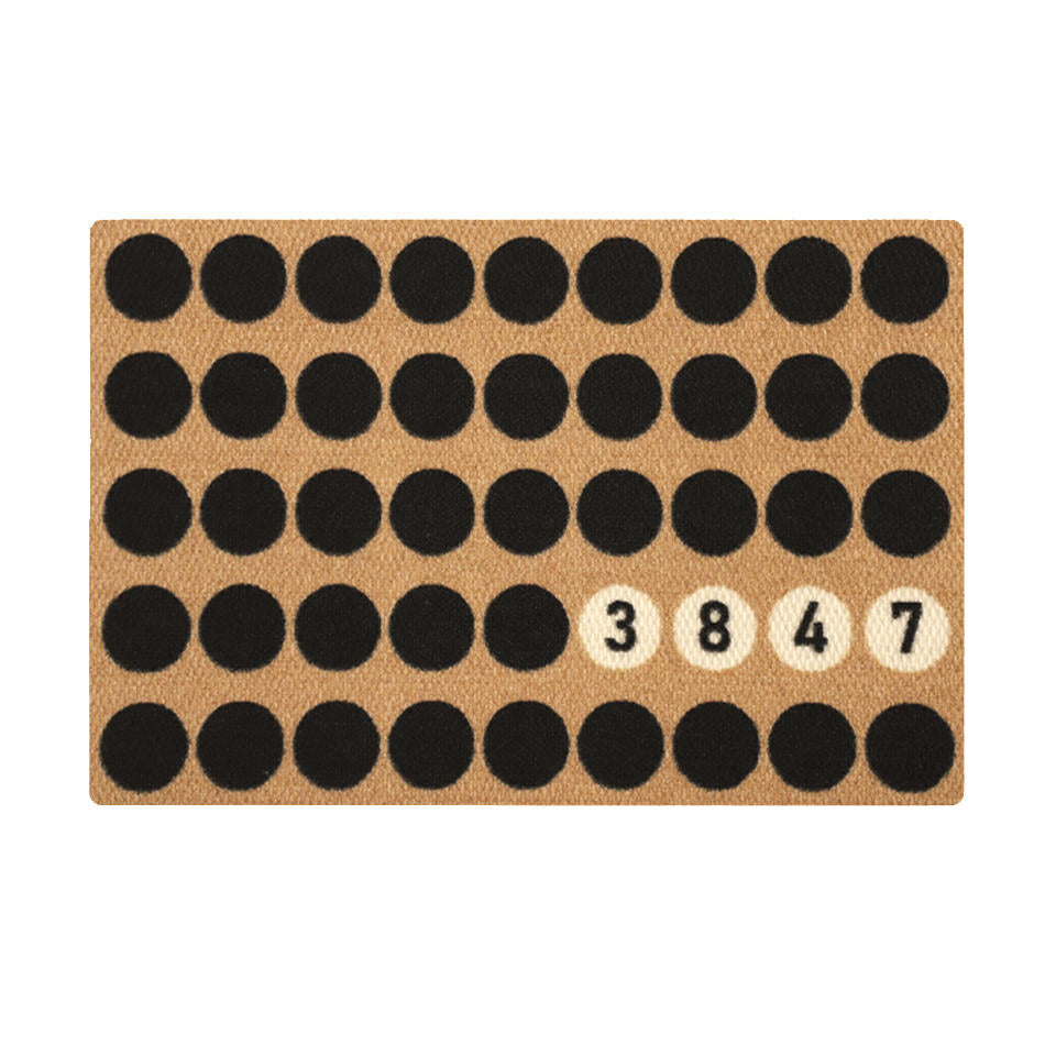 Single door Lucky Numbers mat personalized with street numbers in white circles with black circles in a linear pattern.