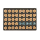 Single door Lucky Numbers mat personalized with street numbers in aqua circles with coir circles in a linear pattern.