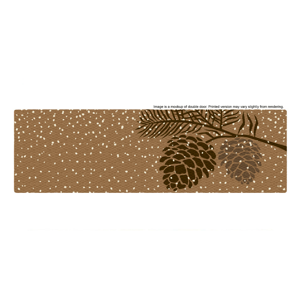 Digital mock up of Matterlys holiday Pine Cone doormat in a double door