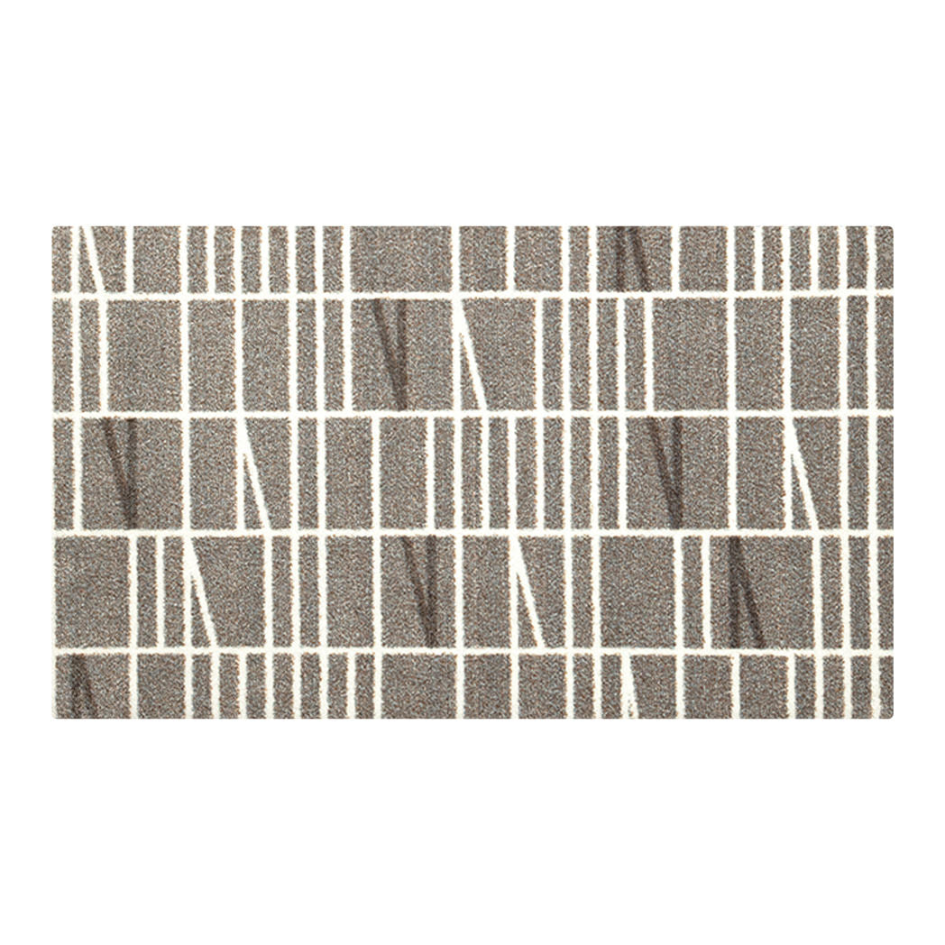 Isolated top-down image of Maxcent Biblioteca accent rug in light greige with soft ivory geometric lines—neutral, low-profile, and design-forward.