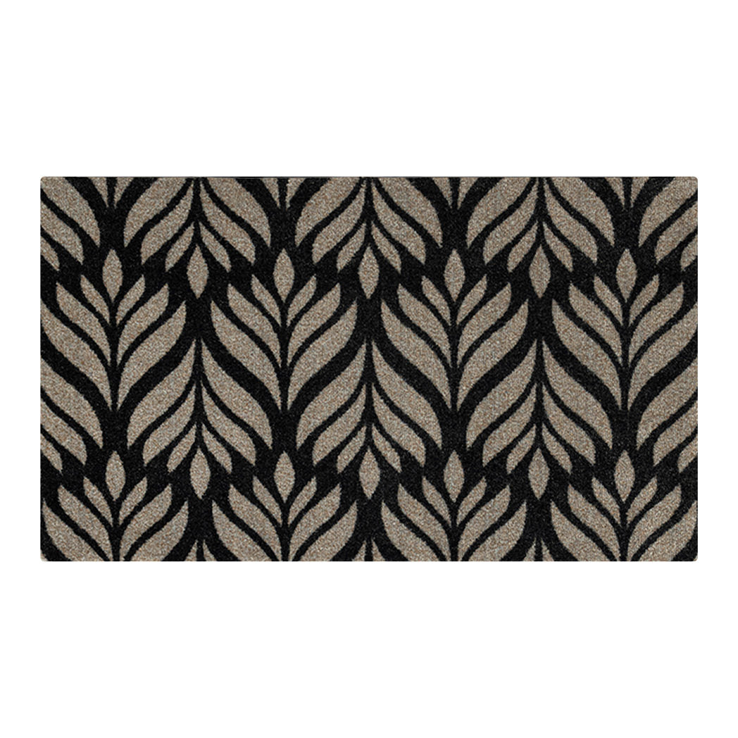 Overhead view of Maxcent Botanica accent mat in space grey with dramatic black leaf pattern—modern botanical motif with durable mat performance.