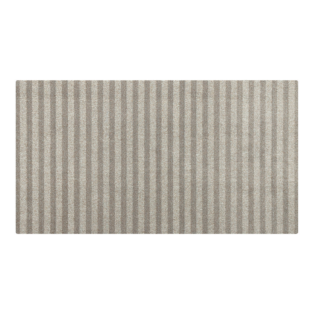 Maxcent Classic Stripe mat in a medium size, featuring alternating light beige and grey vertical stripes. The clean, simple pattern offers a modern, neutral look suitable for various spaces like kitchens, hallways, or bathrooms.
