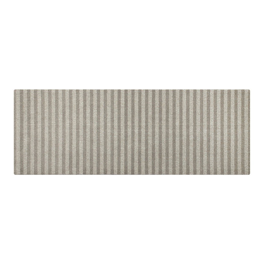 Maxcent Classic Stripe runner in neutral beige and grey tones, featuring a clean vertical stripe pattern. The elongated design is ideal for hallways, kitchens, or entryways, adding subtle texture while protecting floors from wear and moisture.