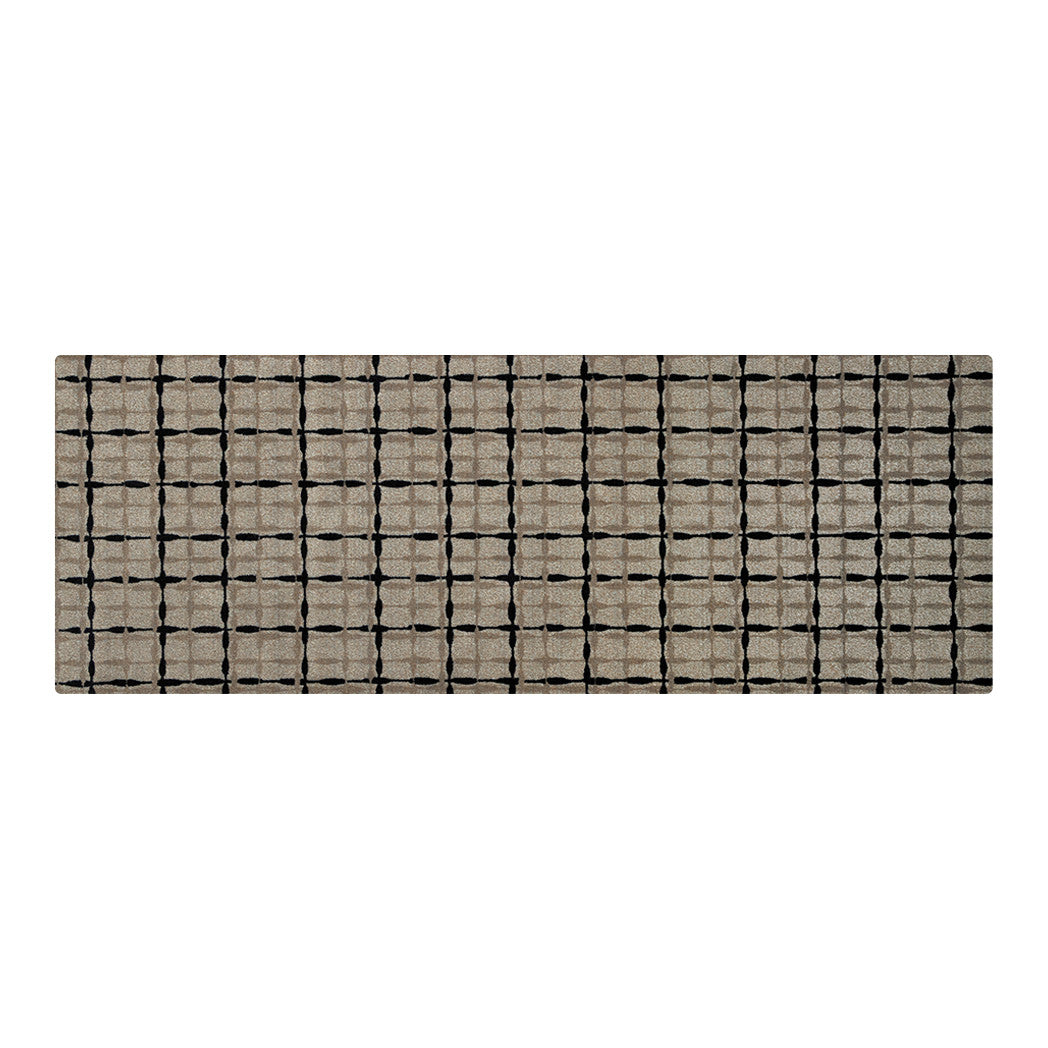 Maxcent Heritage Tweed runner mat in Greige & Inkwell – features a warm beige/grey background with a bold black crosshatch pattern, giving the look of a modern woven grid. The extended length is perfect for hallways and galley-style kitchens, with a non-slip rubber backing for added safety.