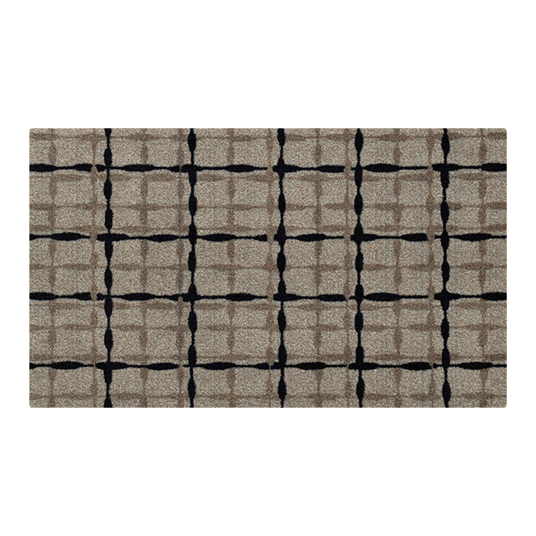 Top-down photo of Maxcent Heritage Tweed accent mat in greige and inkwell — earthy modern plaid with tonal gridlines and rug-inspired detailing.