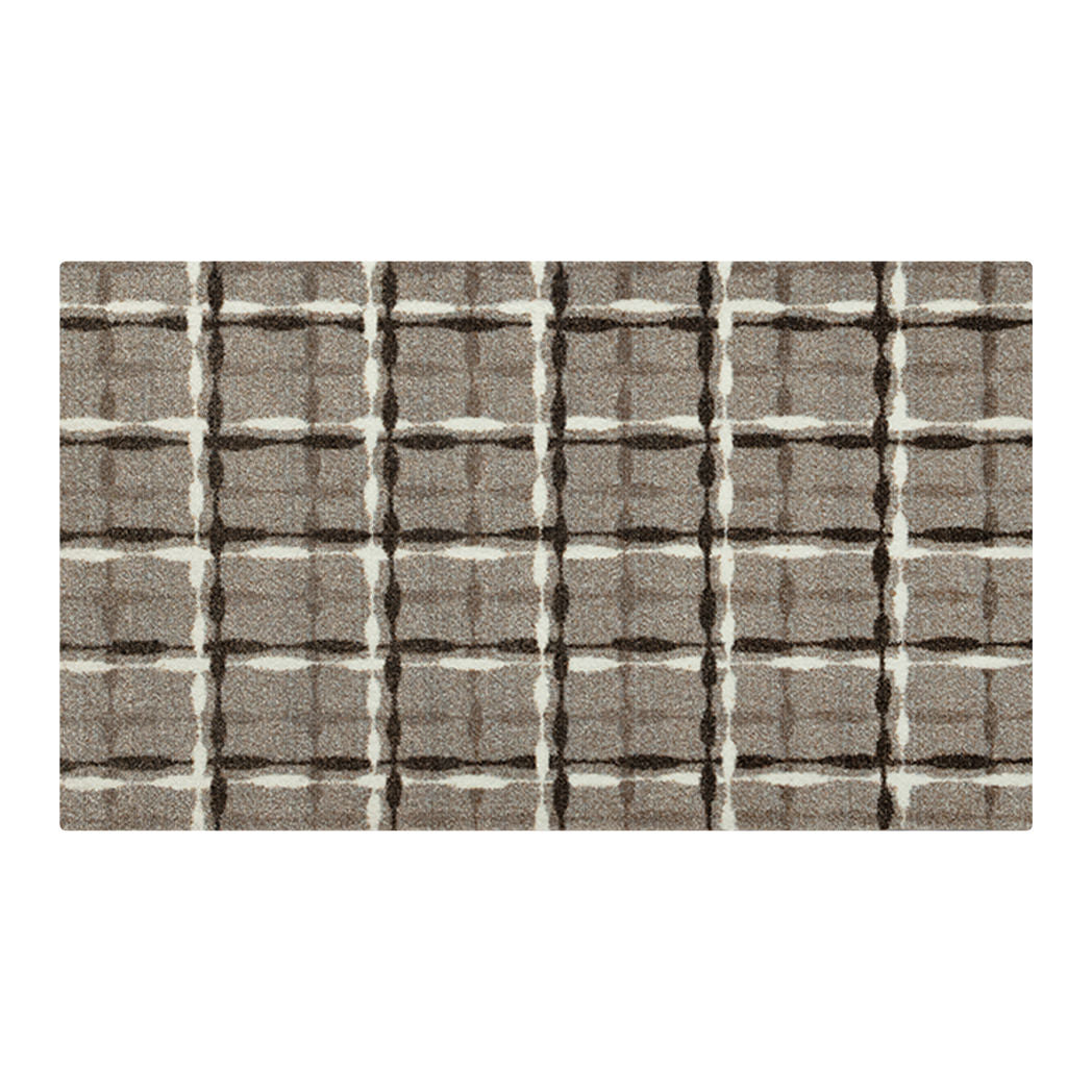 Overhead view of Maxcent Heritage Tweed accent mat in greige and white — soft plaid grid design with modern tones and washable, low-profile performance.
