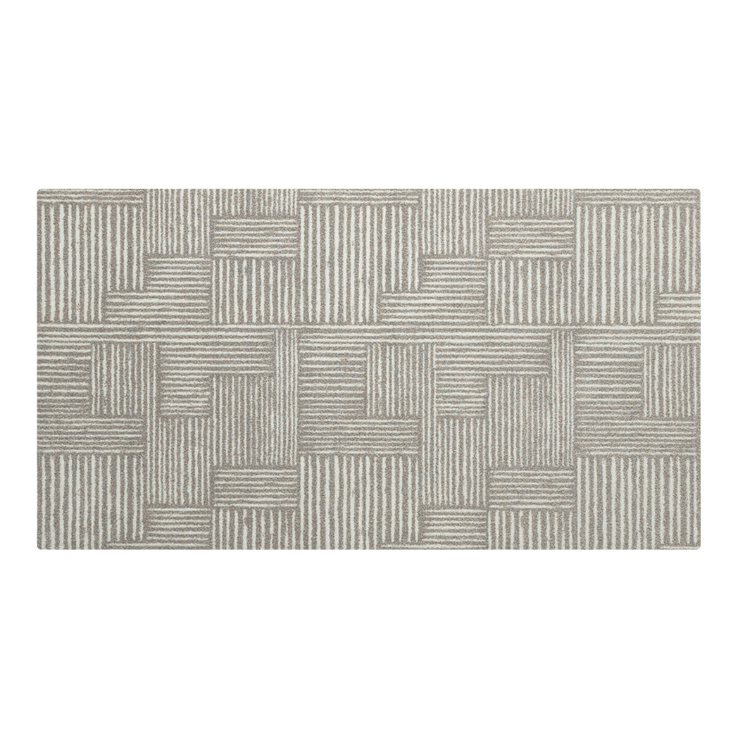 A medium Maxcent area rug in Organic Squares design, featuring a balanced grid of alternating horizontal and vertical stone gray stripes on a soft beige base—ideal as a versatile non-slip rug for kitchens, laundry rooms, or high-traffic areas.