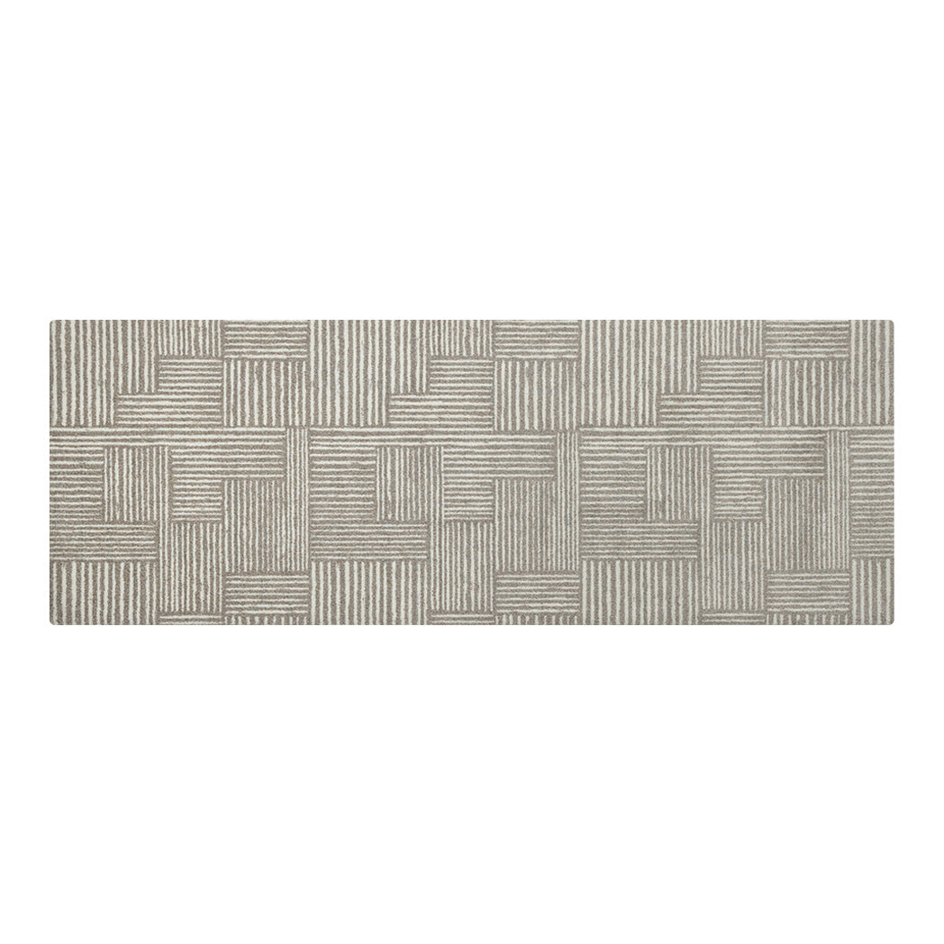 Maxcent runner in Organic Squares design, displaying a contemporary patchwork of vertical and horizontal stone gray stripes on a soft beige background—an elegant non-slip solution for hallways, galley kitchens, or entryways.