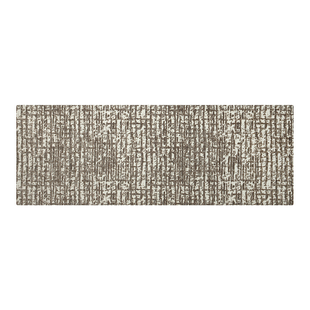 Maxcent runner-size floor mat in Stone Weave design, showcasing a contemporary grid-like pattern of layered light and dark brown lines on a warm neutral background—perfect for hallways, kitchens, or entryways as a hybrid rug, carpet, and mat