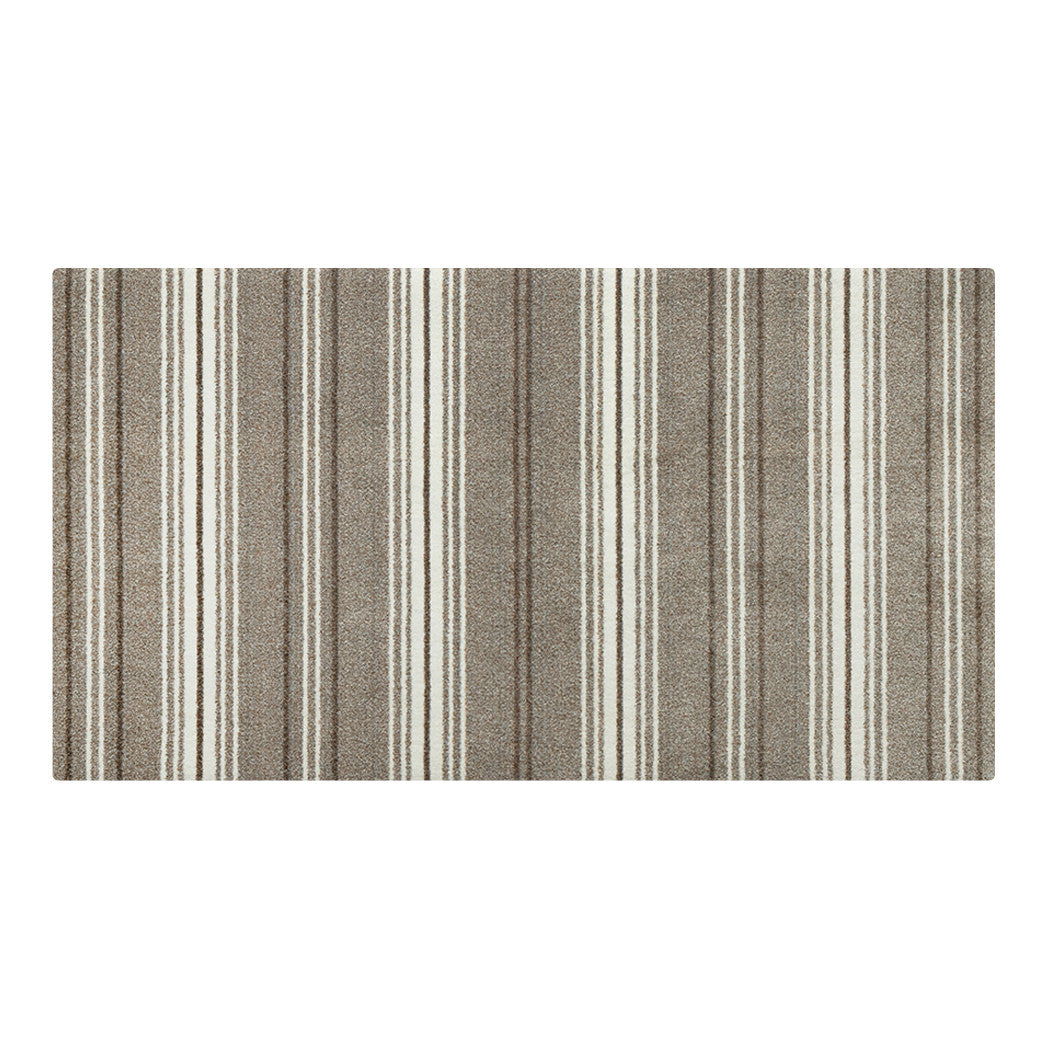 Maxcent Ticking Stripes area rug in medium size, featuring a soft beige and brown striped design with cream accents for a classic look.