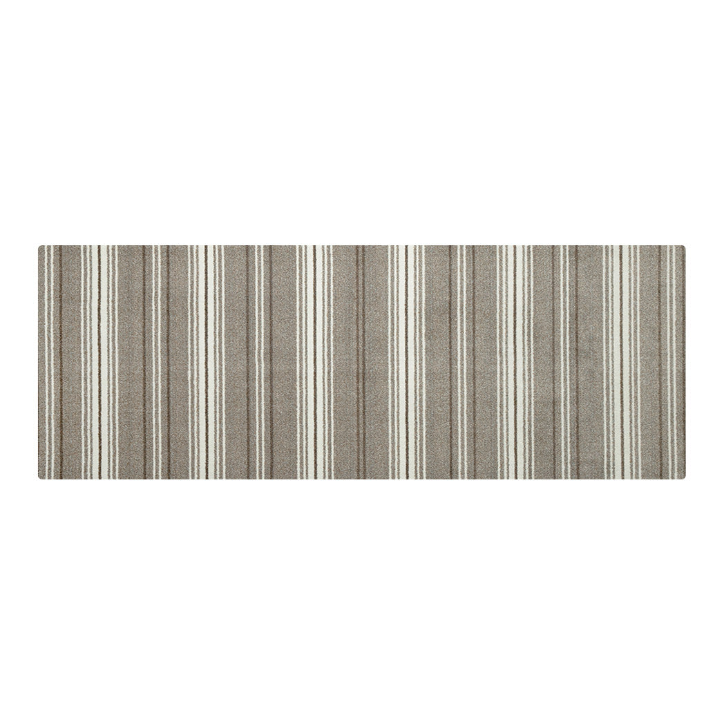 Maxcent Ticking Stripes mat in runner size, showcasing a balanced beige and brown palette with vertical cream stripes for a timeless, tailored look.