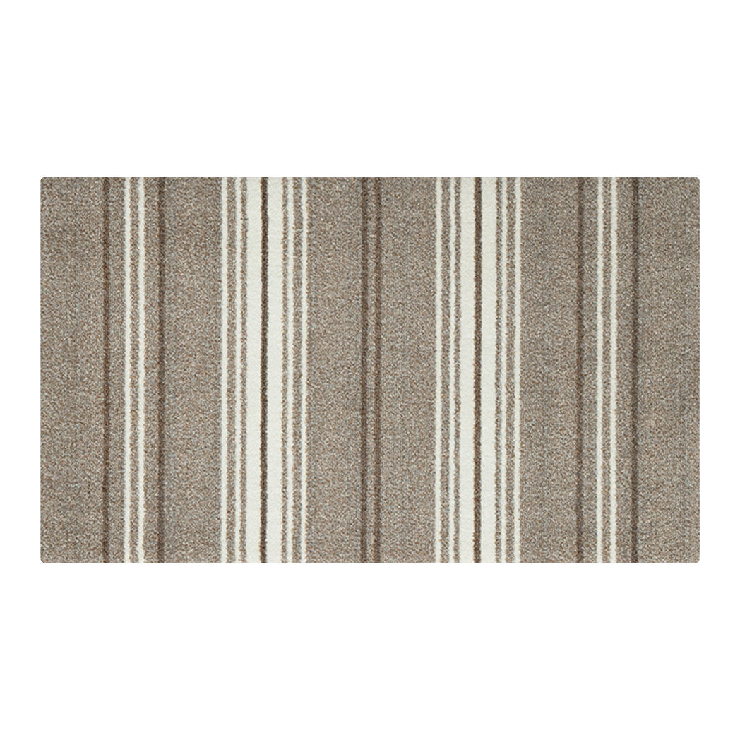 Top-down view of Maxcent Ticking Stripes accent rug featuring a greige base with crisp white and brown ticking stripe pattern—ideal for kitchens, baths, or entryways.