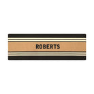 Overhead of double door Modern Moniker mat, personalized name on coir bar with two white lines on a black background.