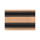 A beige and black striped flour sack doormat.
