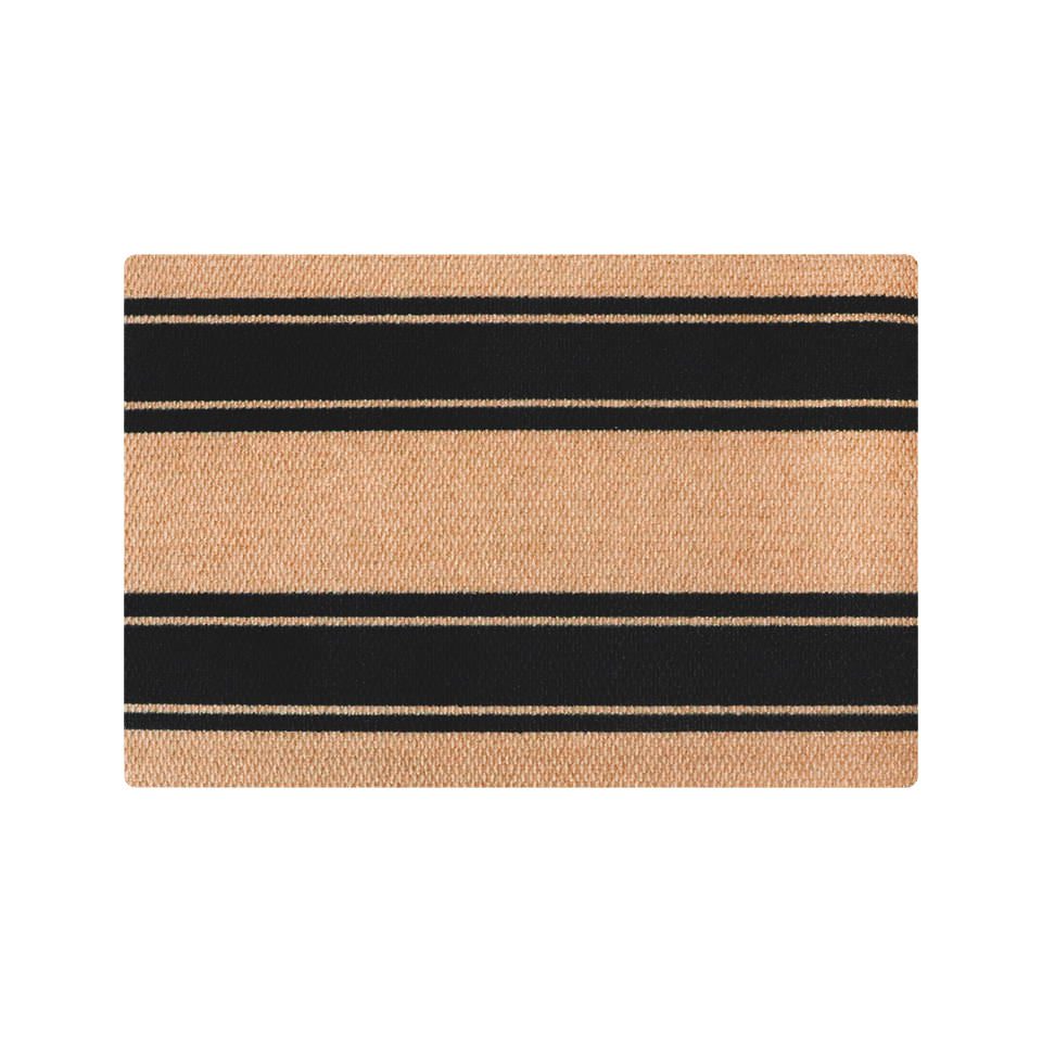 A beige and black striped flour sack doormat.