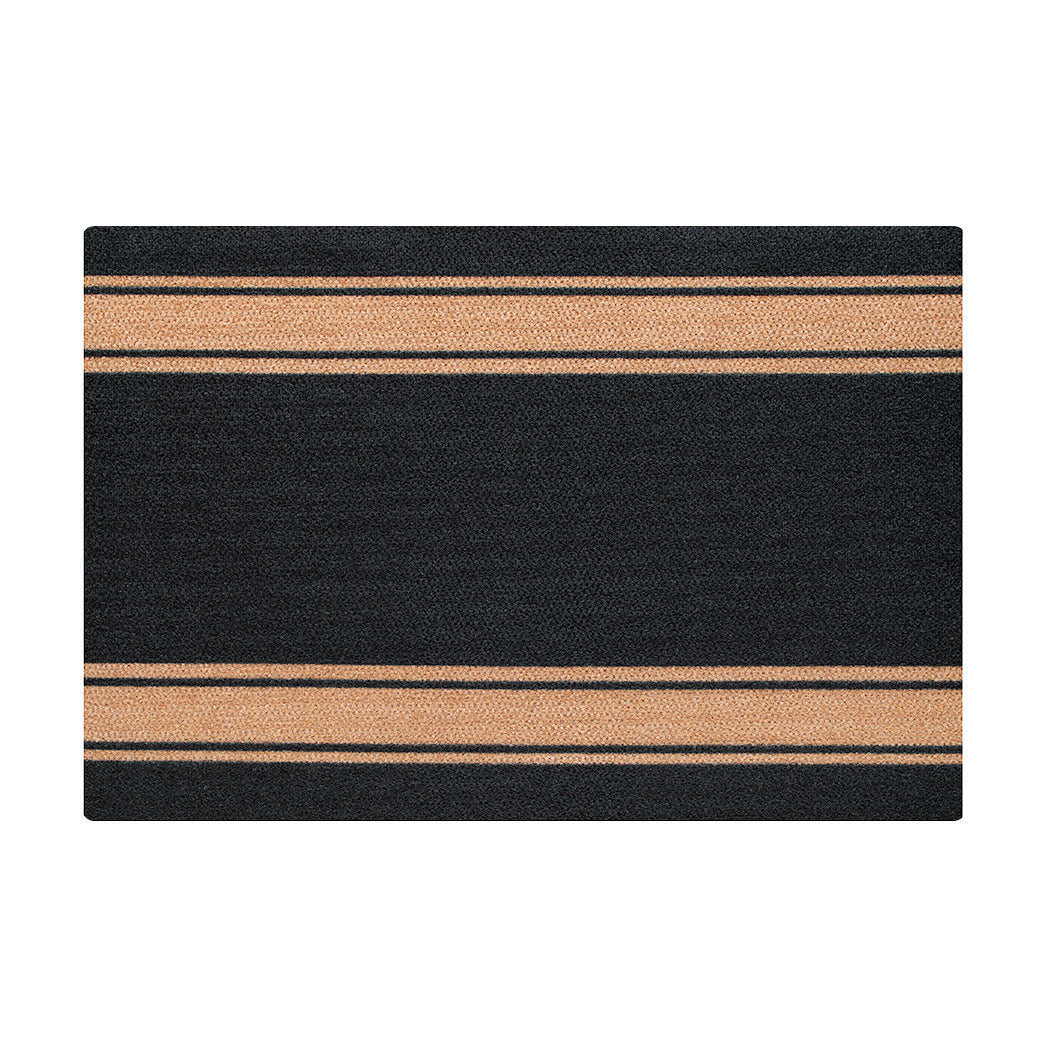 Overhead of indoor/outdoor Neigburly doormat that's black with two decorative coir colored stripes near both the bottom and top