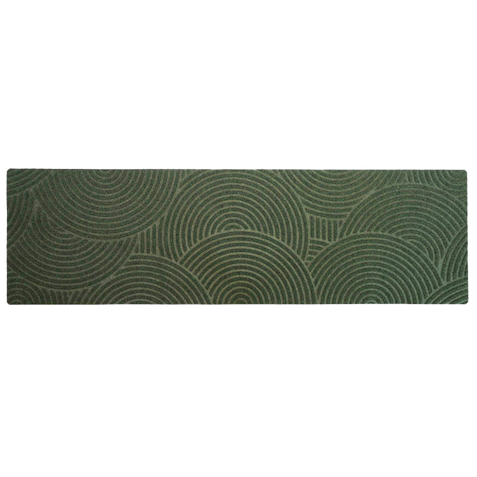 Overhead of a WaterHog Luxe, all-weather double door doormat in the Put Your Records On Design circular in the color olive featuring a durable rubber backing.