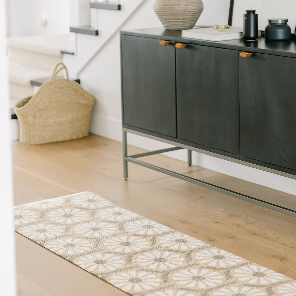 Dreamy Retro Daisy Neighburly double door in white and coir, used as a runner in a hallway.