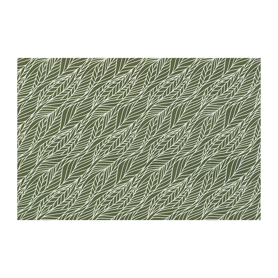 Overhead view of Abstract cream colored leaf pattern on medium olive green linen look low profile washable floor mat